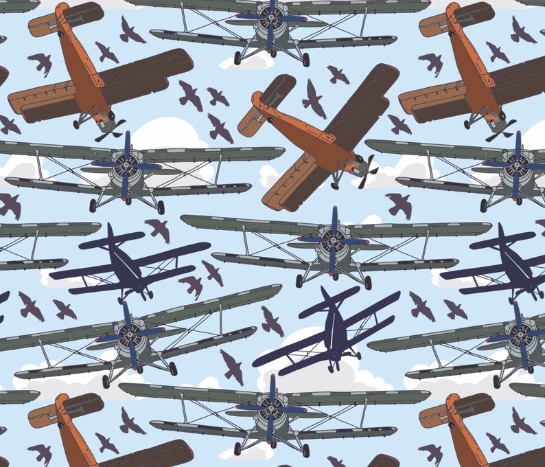 May include: A seamless pattern featuring a repeating design of vintage biplanes flying in a blue sky with white clouds. The planes are orange, gray, and black, and the pattern is perfect for fabric, wallpaper, or wrapping paper.