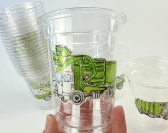 Garbage Truck Birthday Cups 24ct 12oz Plastic - Green Trash Truck Birthday Decorations Party Decor Favors Kids Birthday Cups Tableware