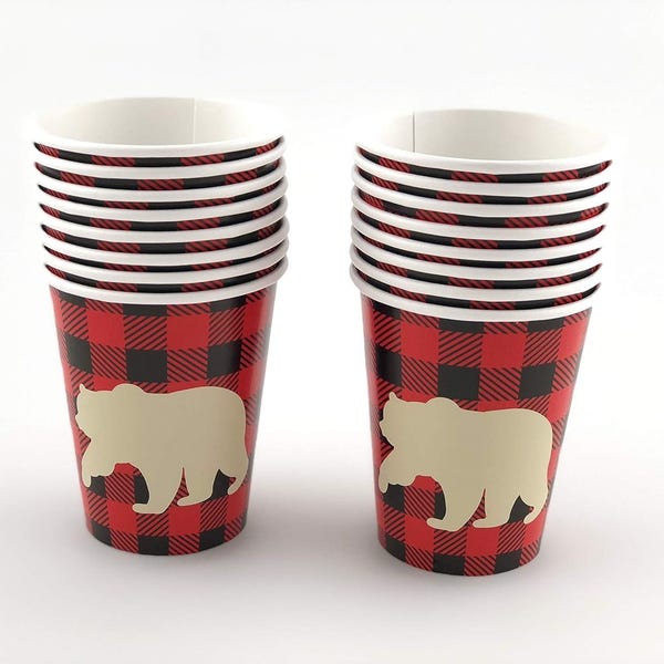 16 vasos para fiesta temática de ositos - Baby shower de ositos, cumpleaños de ositos, artículos para fiesta de leñadores, fiesta a cuadros de búfalo, vaso a cuadros de búfalo, cumpleaños de leñador