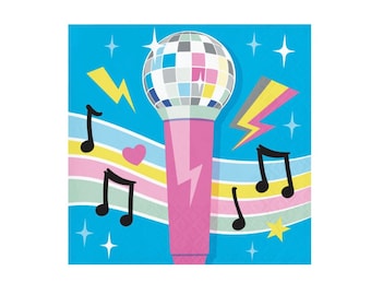 May include: A pink microphone with a disco ball on top. The microphone is surrounded by colorful musical notes and lightning bolts on a blue background.