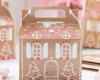 Gingerbread House Gable Treat Boxes 6ct | Christmas Favor Boxes | Pink Holiday Treat Boxes for Cookies, Candy & Gifts