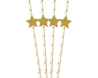 Pajitas de fiesta con forma de estrella dorada (12 unidades) - Pajitas de cumpleaños de princesa, regalos de fiesta, baby shower de luna y estrellas, suministros para Nochevieja, pajitas de papel para bebidas