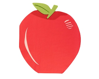 Puede incluir: Una manzana de papel roja con una hoja de papel verde en la parte superior. La manzana tiene un contorno blanco y una raya blanca en el lateral.
