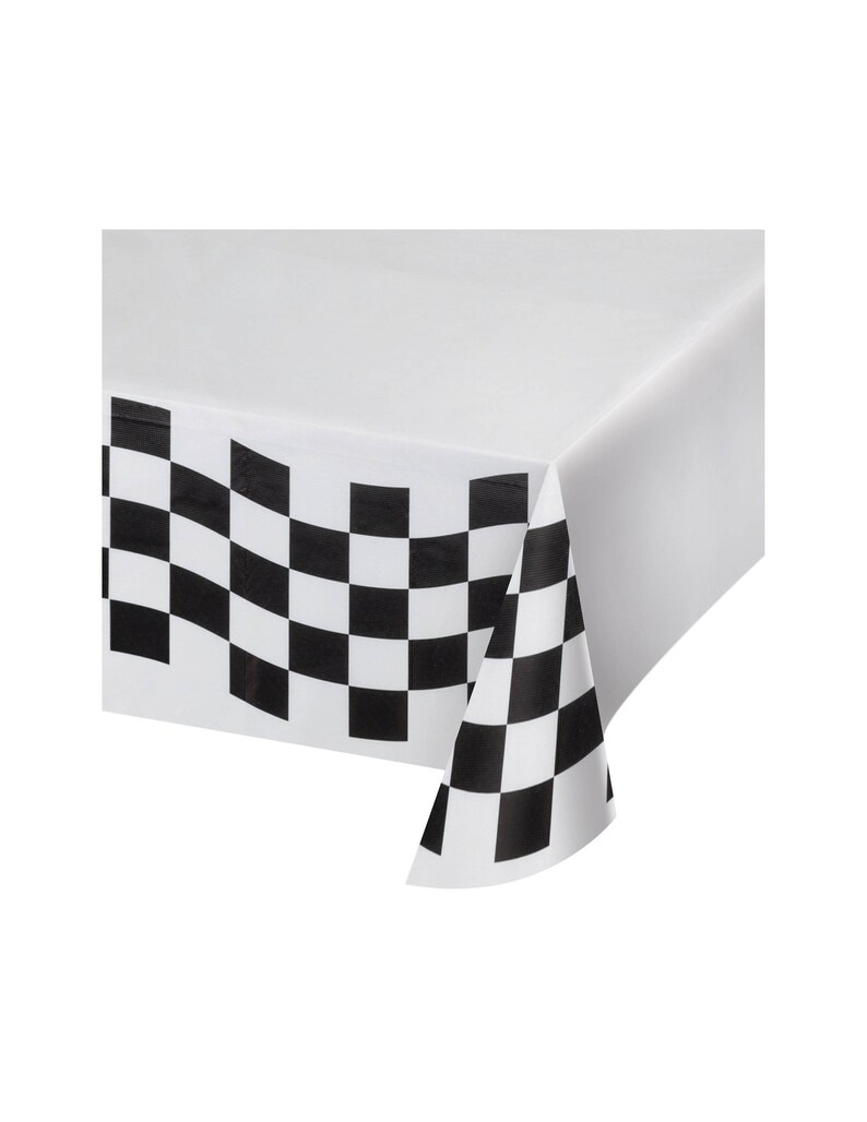 May include: White plastic tablecloth with a black and white checkered border. The border is a checkered flag design.