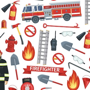 May include: A colorful illustration of firefighter equipment and symbols.  The illustration includes a red fire truck, a ladder, a fire hydrant, a fireman's helmet, a fire extinguisher, a shovel, a pair of safety glasses, a fire axe, a stop sign, a fire alarm, and a pair of boots. The text "FIREFIGHTER" is written in red letters on a white banner.