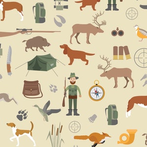 Może przedstawiać: Kolorowa ilustracja przedstawiająca polowanie i aktywności na świeżym powietrzu. Obraz przedstawia myśliwego, namiot, karabin, kompas, kaczkę, jelenia, lisa, psa, dzika, ptaka i inne wyposażenie myśliwskie.
