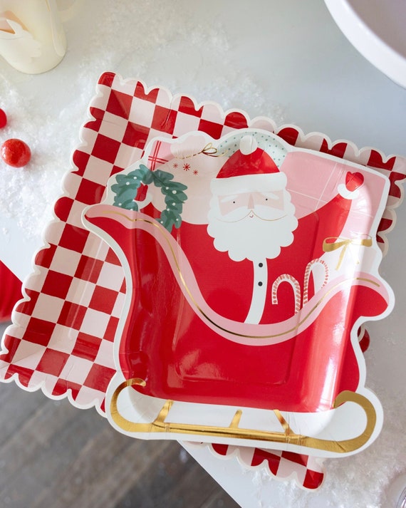 Santa Schlitten - Teller - Kinderweihnachtsfest-Teller, Weihnachts-Geburtstagsdekorationen, Weihnachtsmann-Teller, Weihnachtsdorf, rosa und rote Weihnachtsfeier