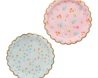 Platos de papel festoneados florales (8 unidades - 9") para fiestas de té, cumpleaños de primavera, baby shower, despedidas de soltera o de soltera.