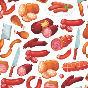 May include: A seamless pattern featuring various types of cured meats, including salami, sausage, and ham. The pattern also includes a butcher knife, a plate of sliced sausage, and a few slices of bread.