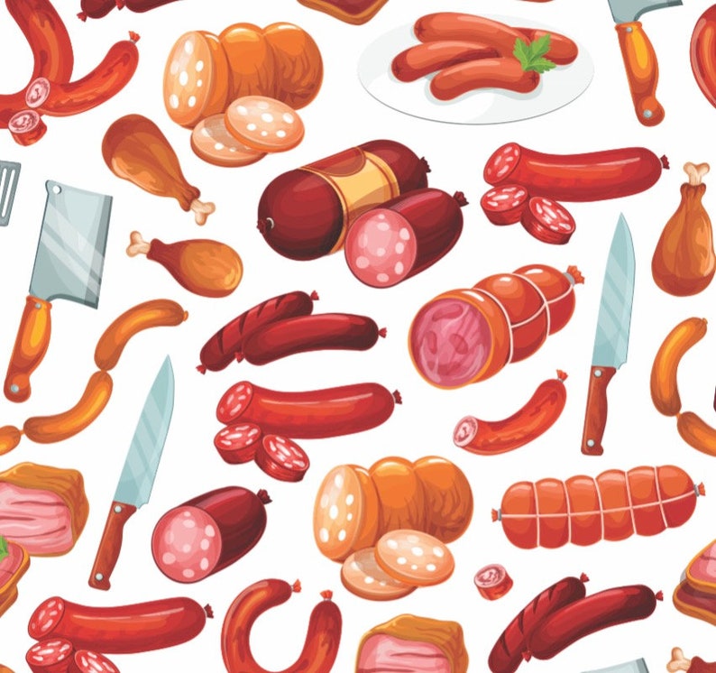 May include: A seamless pattern featuring various types of cured meats, including salami, sausage, and ham. The pattern also includes a butcher knife, a plate of sliced sausage, and a few slices of bread.