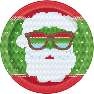 Pu&ograve; includere: Piatto di carta natalizio rosso e verde con un design di Babbo Natale. Babbo Natale indossa gli occhiali e ha una barba bianca. Il piatto ha un motivo a maglia.