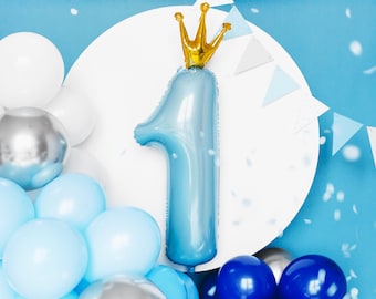 35 "Blau Zahl Eins Kronenballon, erster Geburtstag Ballondekorationen, 1. Geburtstag Zubehör, Partydekorationen, Jungen Geburtstagsdekorationen