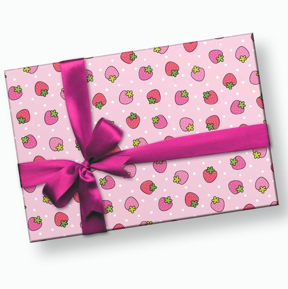 Strawberry Wrapping Paper - cute wrapping paper with a fruit print.  Recyclable wrapping paper, Matching gift tags