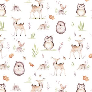 May include: A watercolour pattern featuring woodland animals, including owls, deer, hedgehogs, and birds. The pattern is set against a white background and includes various foliage and other natural elements.