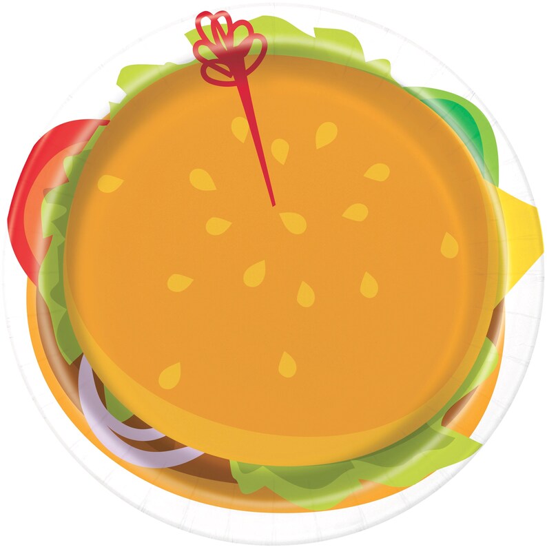May include: A white paper plate with a cartoon burger design. The burger has a yellow bun, green lettuce, red tomato, purple onion, and a yellow cheese slice. A red toothpick with a white swirl is sticking out of the top of the bun.