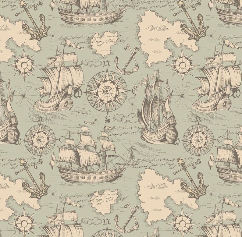 May include: A seamless pattern featuring vintage illustrations of sailing ships, anchors, compasses, and islands. The design is in shades of brown and beige on a light blue background.