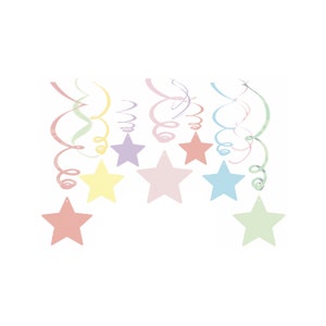 Decoraciones colgantes de estrellas pastel, 30 unidades, decoraciones de cumpleaños con arcoíris pastel, suministros para fiestas de unicornios, fiestas de helados, decoraciones para fiestas de donas