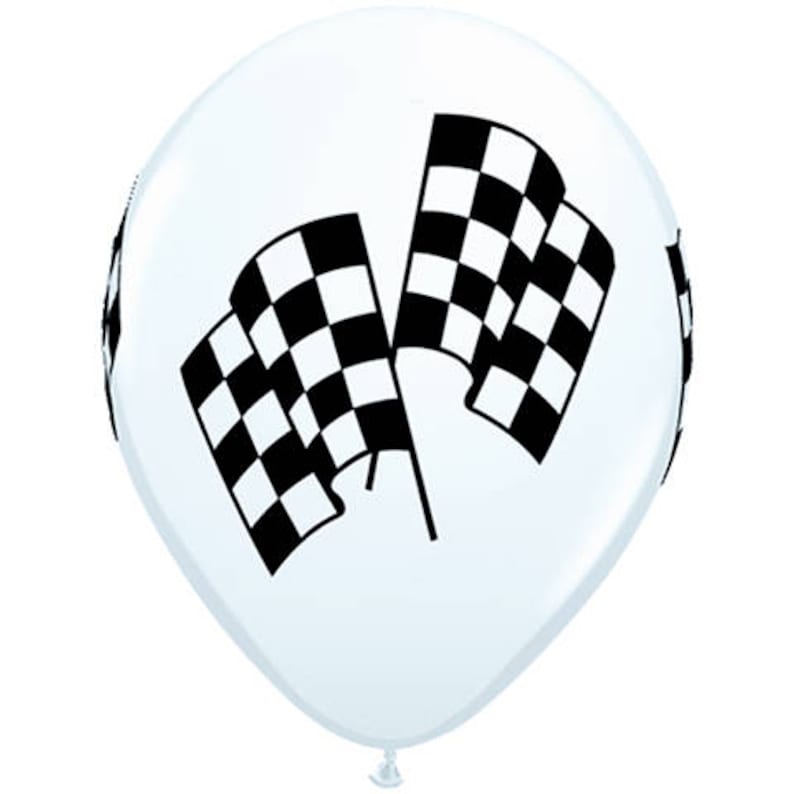 May include: White balloon with a black and white checkered racing flag design.