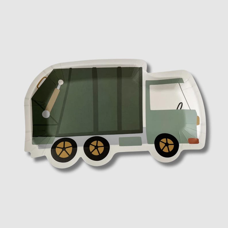 May include: Green and gray paper party plate shaped like a garbage truck. The truck has a brown handle and yellow wheels.