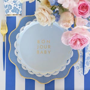 Blue Bonjour Baby Dessert Plates 8ct - Boy Baby Shower Supplies, Gender Reveal Party Decor, Paris Baby Shower, Bonjour Bebe French Shower