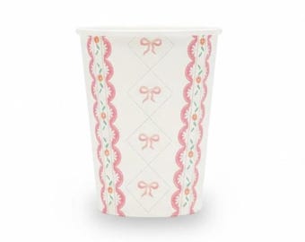 Bicchieri da festa rosa con fiocco da 266 ml, bicchieri di carta eleganti, bicchieri per tea party, accessori per compleanno a tema principessa, bicchieri per bevande per feste con motivi floreali, confezione da 8