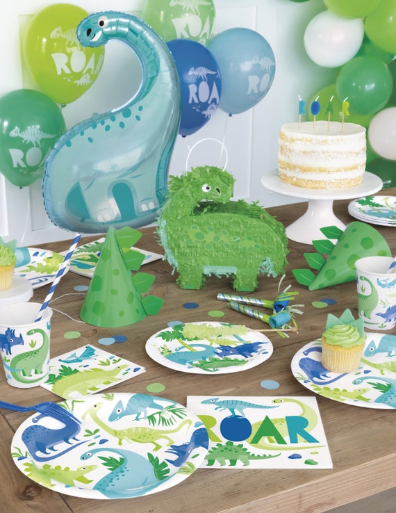 Kit de suministros de fiesta de cumpleaños de dinosaurios para niños,  decoraciones de fiesta de dinosaurios, 20 invitados, incluye platos de