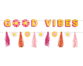 Set di ghirlande di margherite "Good Vibes", 1,8 m - Decorazioni per feste di compleanno per ragazze retrò, addii al nubilato estivo, compleanni anni '70, decorazioni per feste hippie