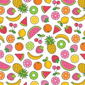 May include: A seamless pattern featuring a variety of colorful fruits, including watermelon, pineapple, kiwi, lemon, orange, banana, strawberries, and cherries. The fruits are outlined in black and arranged on a white background.