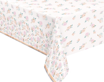 Floral Foil Tablecloth 54x84 – Reusable Plastic Table Cover for Baby Shower, Brunch, or Tea Party
