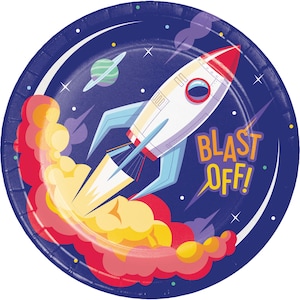8ct Rocket Ship Paper Plates – 9&quot; Outer Space Birthday Party Plates, Astronaut Theme Kids Tableware, Space Party Supplies for Boys or Girls
