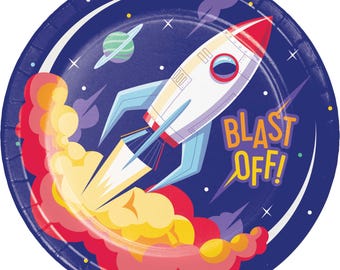 Pratos de papel para foguetes de 8 unidades – Pratos de festa de aniversário com tema espacial de 9 polegadas, utensílios de mesa infantis com tema de astronauta, suprimentos para festas espaciais para meninos ou meninas