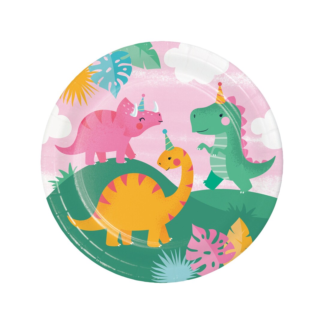 Girl Dino Party Plates Dinosaur Birthday Plates, Pink Dinosaur Party