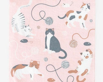 Servilletas de papel con forma de gato rosa - Servilletas de papel para cumpleaños tamaño almuerzo, 20 unidades - Decoraciones para fiestas de gatos - Suministros para fiestas de gatos - Cumpleaños de gatos - Cumpleaños de gatitos