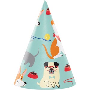 May include: A blue party hat with a pattern of dogs wearing glasses, bow ties, and bandanas. The dogs are in various poses, including sitting, standing, and running. There is also a tennis ball and a dog bowl on the hat.