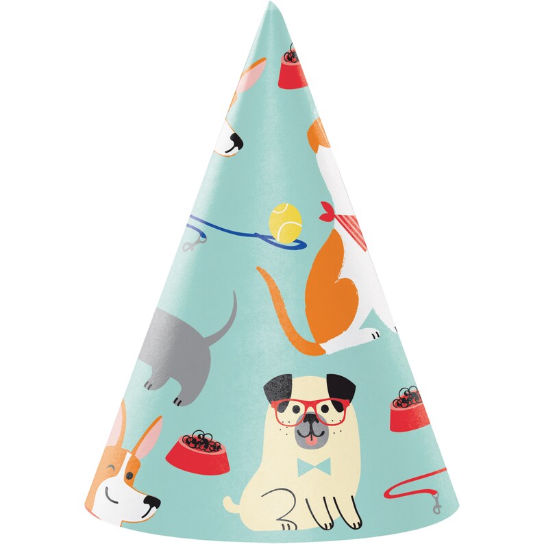 May include: A blue party hat with a pattern of dogs wearing glasses, bow ties, and bandanas. The dogs are in various poses, including sitting, standing, and running. There is also a tennis ball and a dog bowl on the hat.