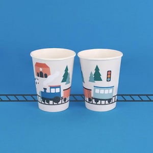 Train Party Cups 8ct - Conductor Birthday Decor, Locomotive Party Supplies, Train Baby Shower, Transportation Party, All Aboard Birthday