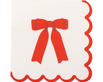 Servilletas de cóctel con lazo rojo para fiestas navideñas / Servilletas festoneadas navideñas / Vajilla navideña con lazo rojo / Servilletas para bebidas de 5" (24 unidades)
