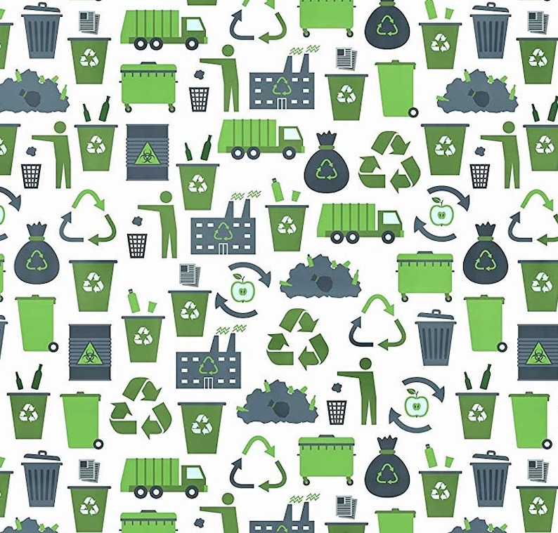 May include: A seamless pattern featuring various green and grey recycling icons, including recycling bins, trucks, bags, and arrows. The background is white.