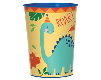 May include: A yellow plastic cup with a blue rim and a dinosaur design. The cup features a green dinosaur with a party hat, a red dinosaur, and the word "ROAR!" in red letters.