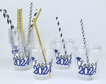 Blaue Tassen für die Abschlussparty der Klasse 2024, Einweg-Plastikbecher, Zubehör für die Abschlussfeier, Dekoration für die Abschlussfeier, Abitur