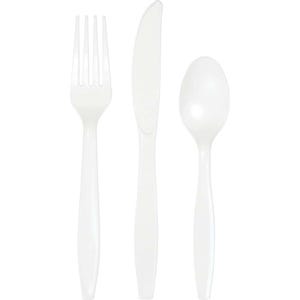 May include: A set of three white plastic utensils, including a fork, knife, and spoon.