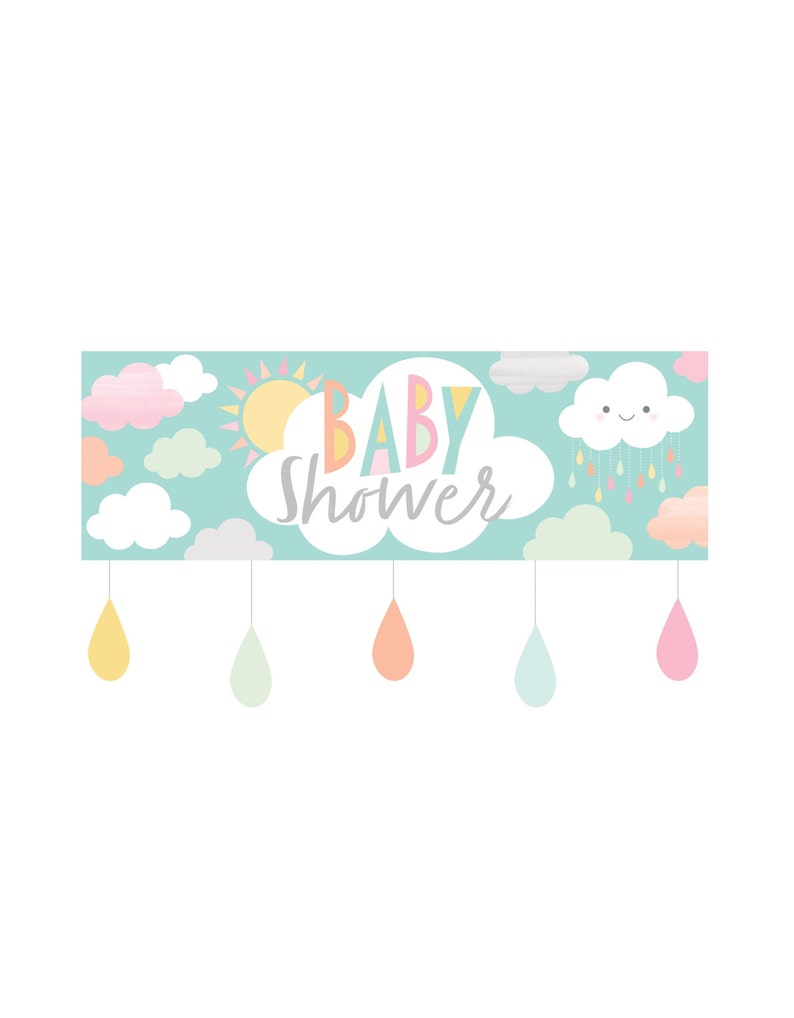 K&ouml;nnte beinhalten: Ein blaues Banner mit Wolken, einer Sonne und einer l&auml;chelnden Wolke mit Regentropfen. Das Banner sagt "Baby Shower" in bunten Buchstaben. F&uuml;nf bunte Regentropfen h&auml;ngen am unteren Rand des Banners.