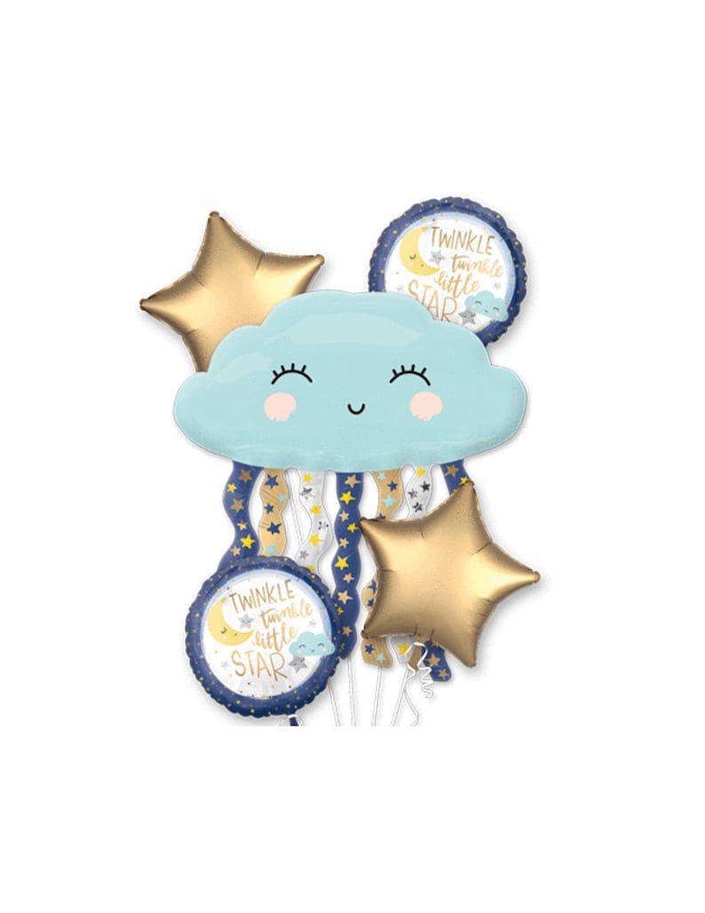 May include: A cluster of foil balloons in a baby shower theme. The balloons include a light blue cloud with a smiling face, two gold stars, and two round balloons with the text "Twinkle Twinkle Little Star".