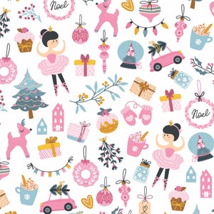 May include: A seamless pattern featuring a variety of Christmas and winter-themed illustrations, including a ballerina, a reindeer, a Christmas tree, presents, ornaments, and a snow globe. The pattern is in a pink, blue, and green color scheme.