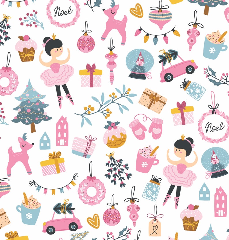 May include: A seamless pattern featuring a variety of Christmas and winter-themed illustrations, including a ballerina, a reindeer, a Christmas tree, presents, ornaments, and a snow globe. The pattern is in a pink, blue, and green color scheme.
