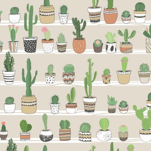 May include: A seamless pattern featuring a variety of cacti in different pots. The cacti are drawn in a cartoon style and are arranged in rows on a light beige background.
