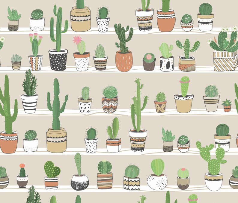 May include: A seamless pattern featuring a variety of cacti in different pots. The cacti are drawn in a cartoon style and are arranged in rows on a light beige background.