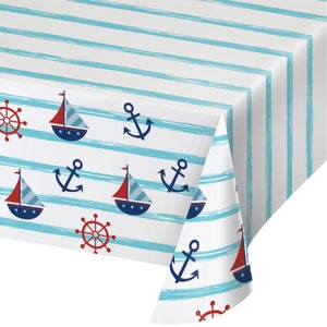 Nautical Party Tablecloth 54&quot; x 102&quot; - Nautical Baby Shower Table Decorations, Nautical Party Supplies, Ahoy Birthday Party Decor