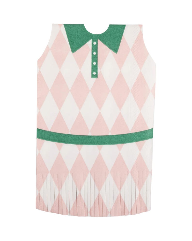 Puede incluir: Una servilleta de papel con forma de vestido de estilo golf. Presenta un patr&oacute;n de rombos rosas y blancos, un cuello verde y una banda verde en la cintura. La parte inferior de la servilleta tiene un dise&ntilde;o de falda plisada.