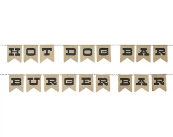 Reversible BBQ Party Burlap Banner 9ft - Hot Dog & Burgers, Backyard BBQ Party Decor, Cookout Birthday, BBQ Birthday Supplies, Party Banner